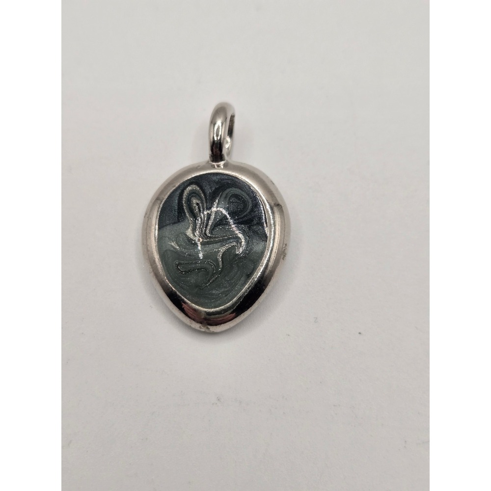 Vintage Silver Tone Abstract Teardrop Pendant Smoky Grey Swirl Enamel Charm